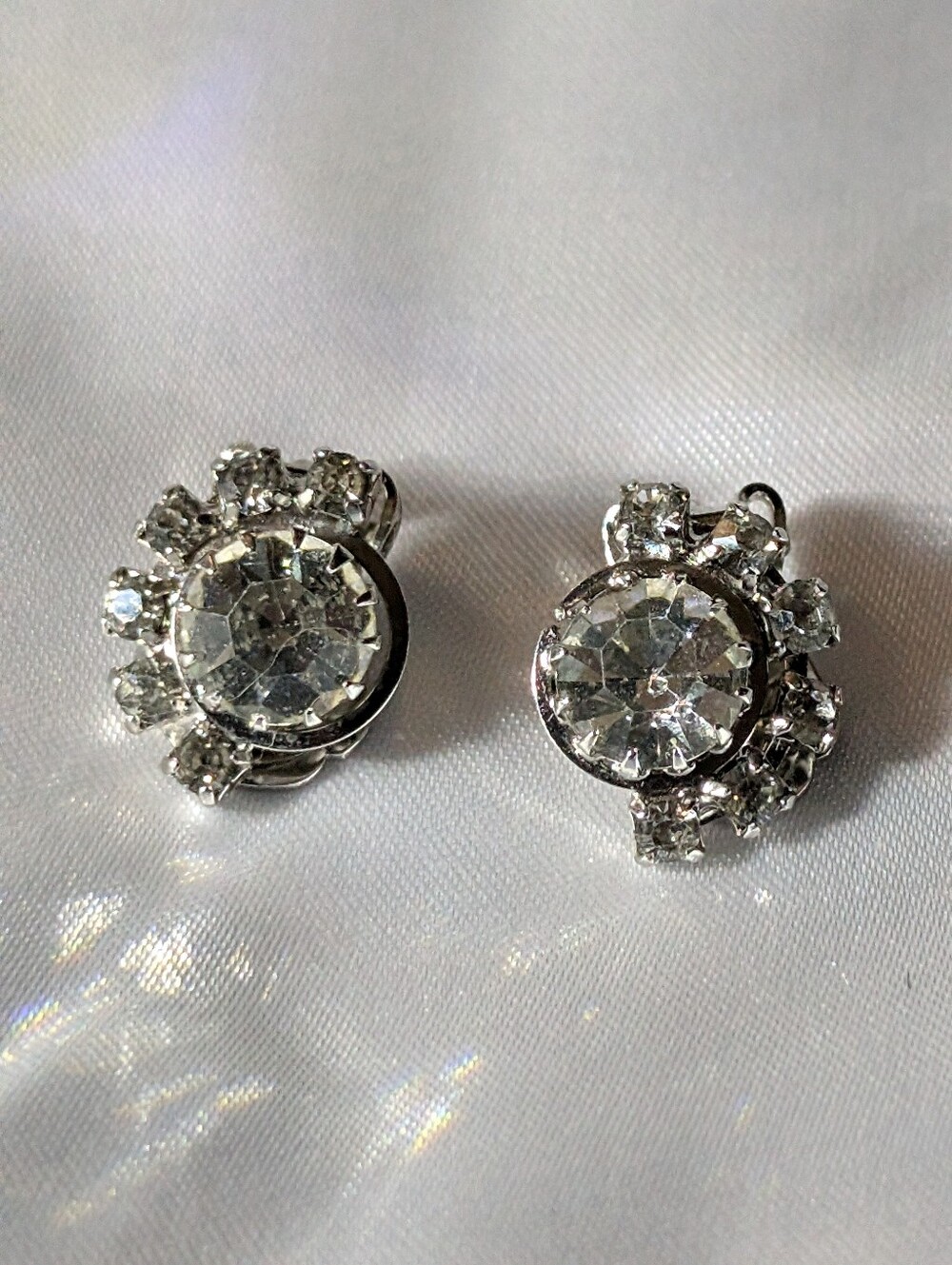 Vintage Continental Signed Silver Tone Clear Rhinestone Halo Clip On Earrings